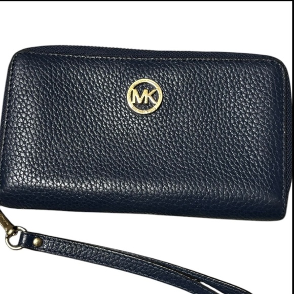 Michael Kors Navy Blue Leather Zip Around Wallet Rectangular Wristlet - Picture 12 of 13